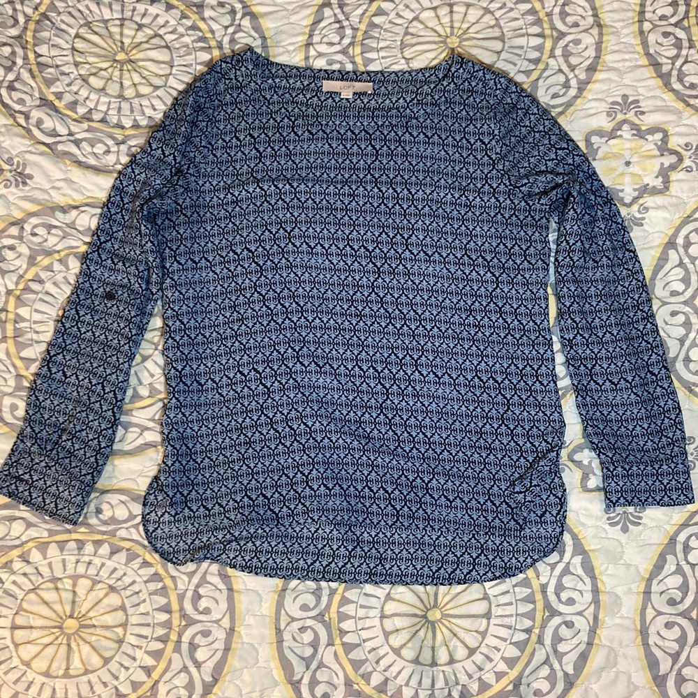 Loft Patterned Work Blouse Roll-Up Sleeves Size Medium